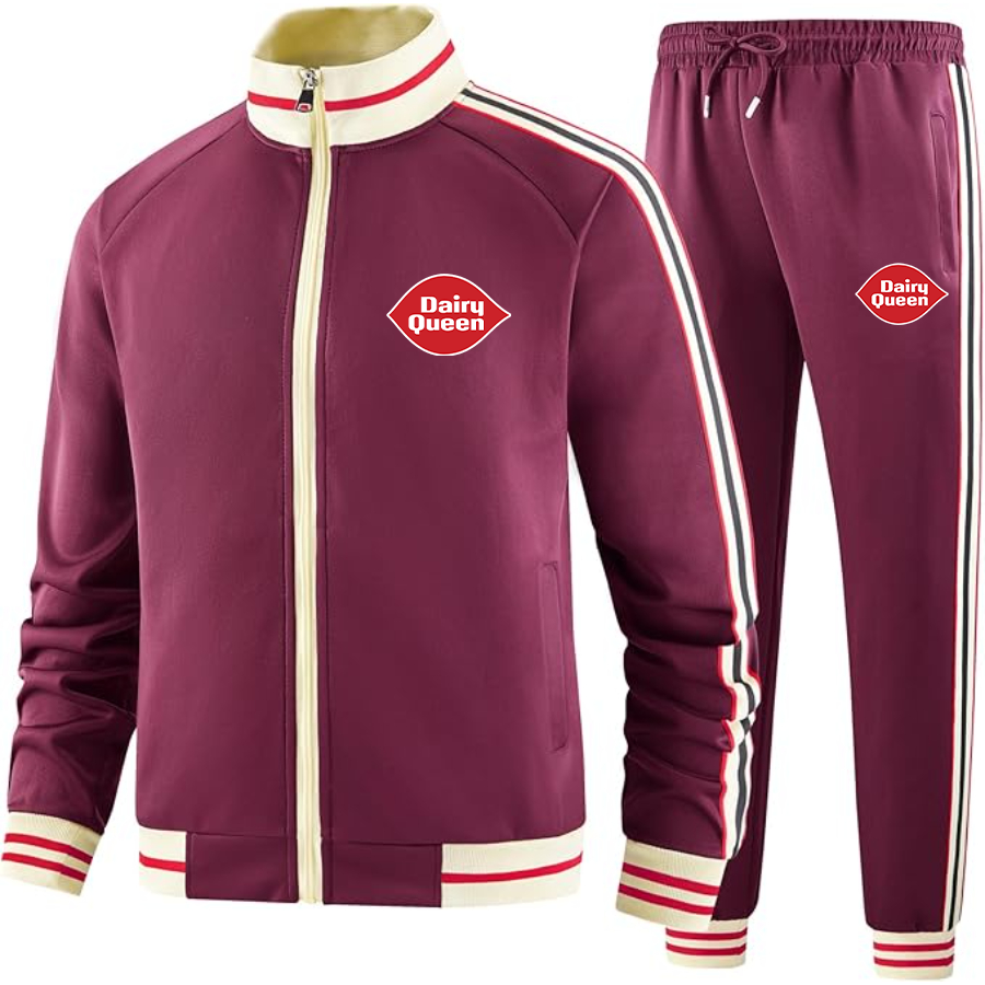 Men's Dairy Queen Two-Piece Designer Tracksuit with Bold Striped Accents and Zippered Front Elevated Athletic Wear