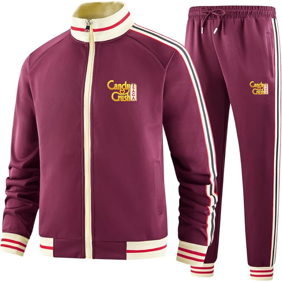 Men's Candy Crush Two-Piece Designer Tracksuit with Bold Striped Accents and Zippered Front Elevated Athletic Wear