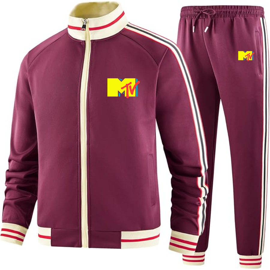 Men's M.T.V Two-Piece Designer Tracksuit with Bold Striped Accents and Zippered Front Elevated Athletic Wear