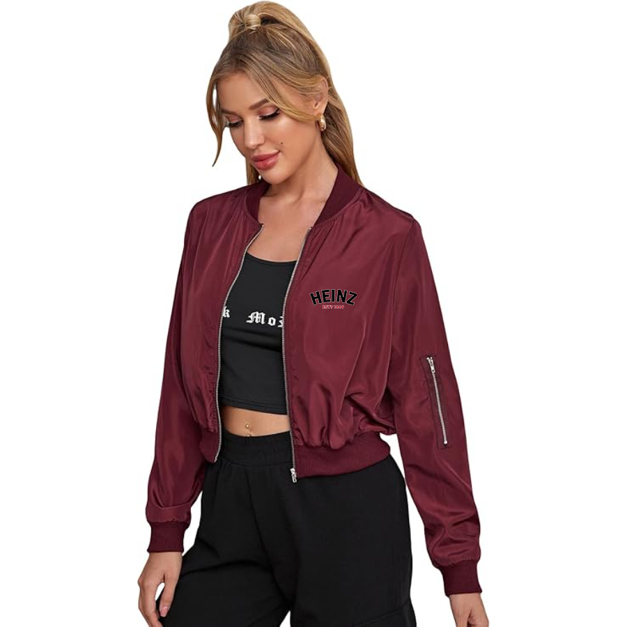 Women's HEINZ Lightweight Bomber Biker Jacket Zip up Windbreaker Crop Bomber Jacket Coat