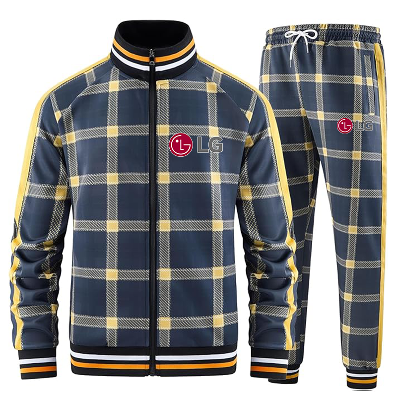 Men's LG Tracksuits Full-zip Long Sleeve Plaid Track Jackets and Pants 2 Piece