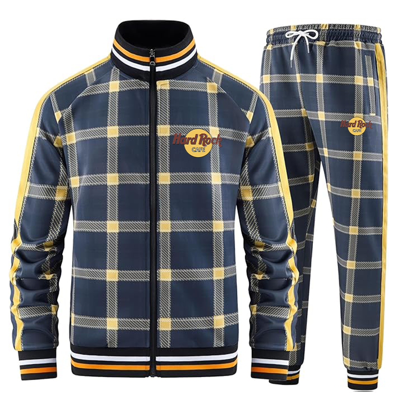 Men's Hard Rock Cafe Tracksuits Full-zip Long Sleeve Plaid Track Jackets and Pants 2 Piece