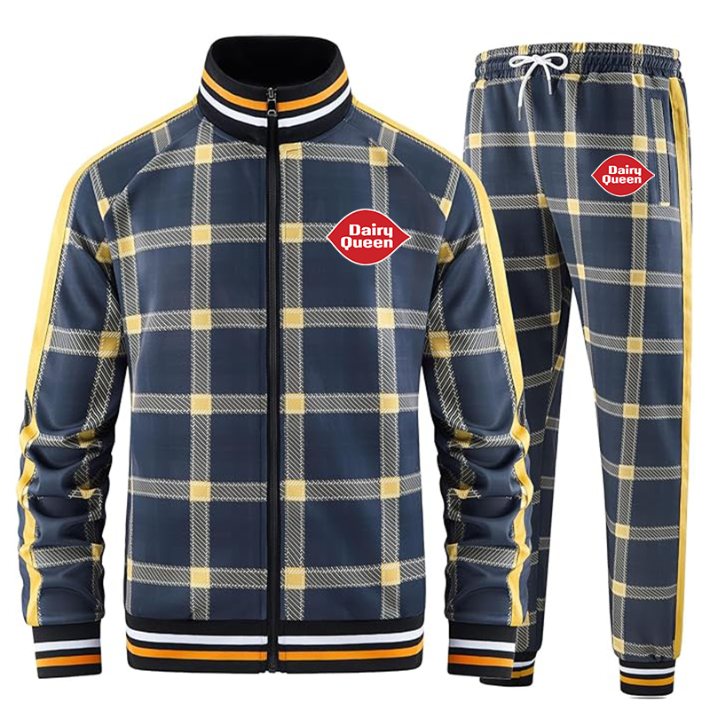 Men's Dairy Queen Tracksuits Full-zip Long Sleeve Plaid Track Jackets and Pants 2 Piece
