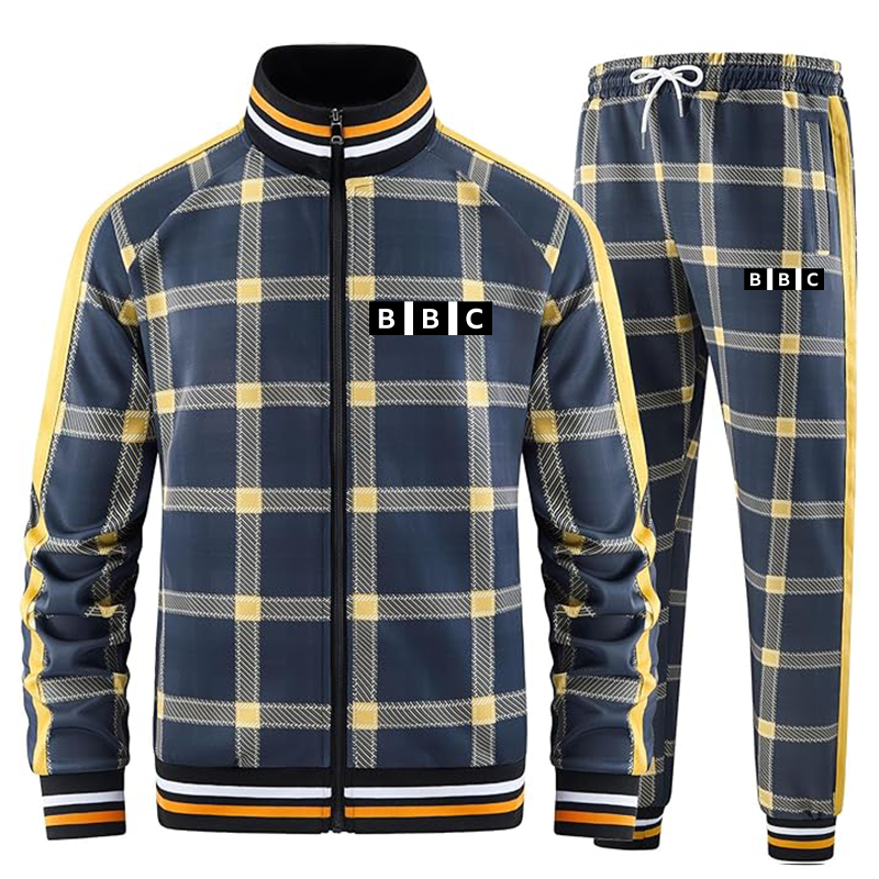 Men's BBC Tracksuits Full-zip Long Sleeve Plaid Track Jackets and Pants 2 Piece