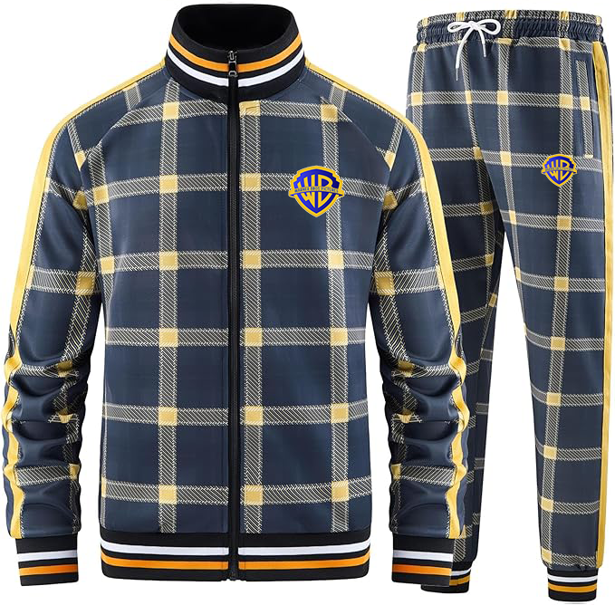 Men's Warner Bros  Tracksuits Full-zip Long Sleeve Plaid Track Jackets and Pants 2 Piece