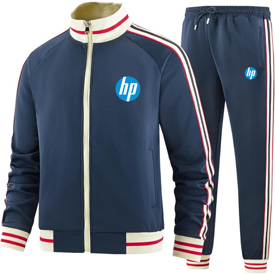 Men's hp Two-Piece Designer Tracksuit with Bold Striped Accents and Zippered Front Elevated Athletic Wear