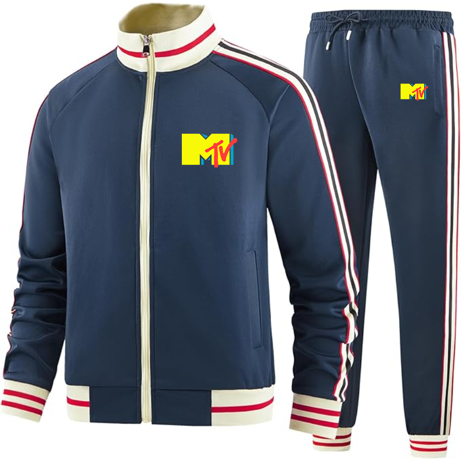 Men's M.T.V Two-Piece Designer Tracksuit with Bold Striped Accents and Zippered Front Elevated Athletic Wear