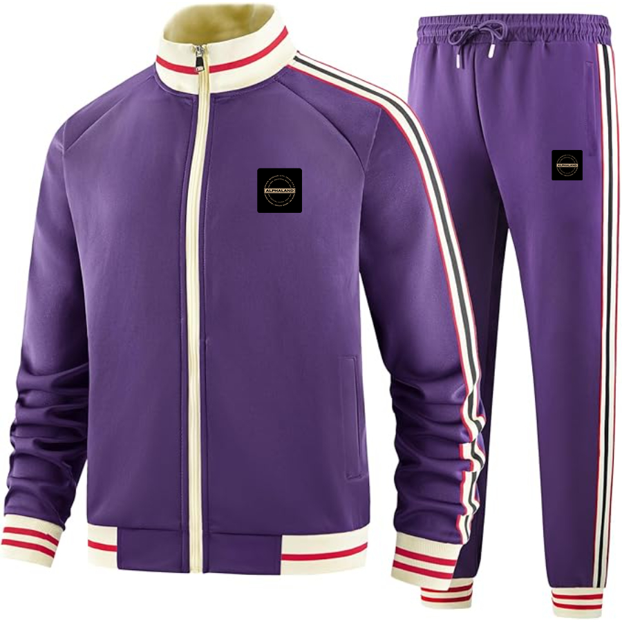 Men's  Alphaland Two-Piece Designer Tracksuit with Bold Striped Accents and Zippered Front Elevated Athletic Wear