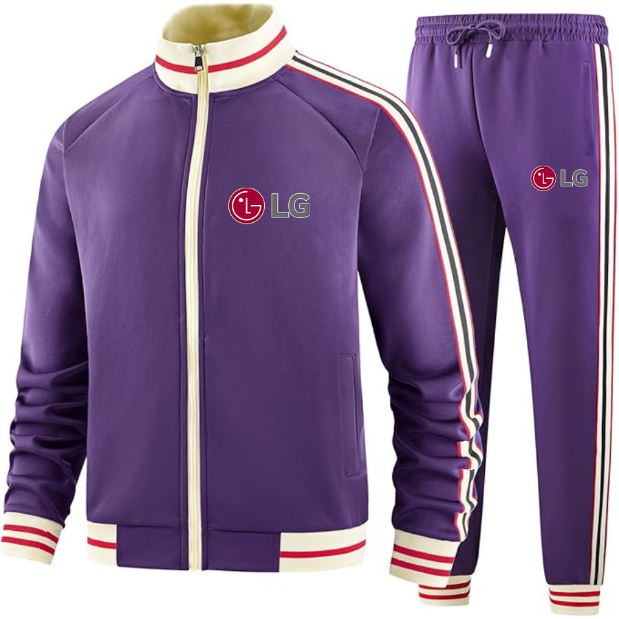 Men's  LG Two-Piece Designer Tracksuit with Bold Striped Accents and Zippered Front Elevated Athletic Wear