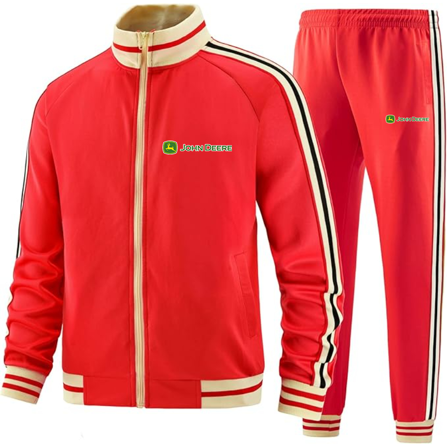 Men's John Deere Two-Piece Designer Tracksuit with Bold Striped Accents and Zippered Front Elevated Athletic Wear