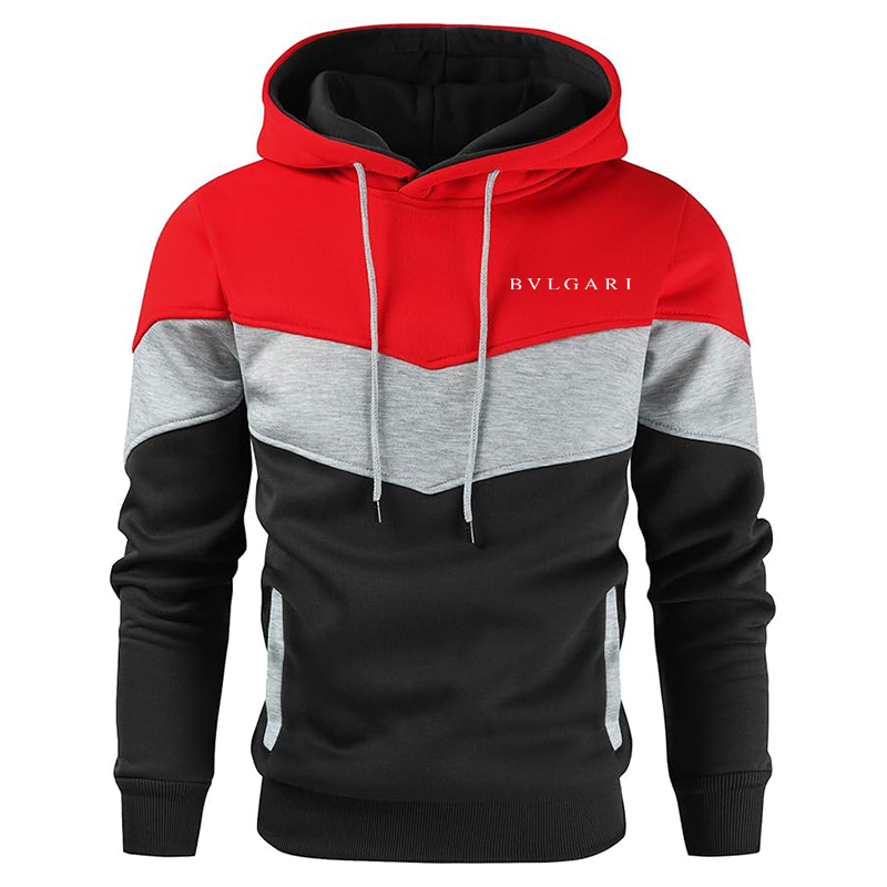 Men's BVLGARI Gesean Novelty Color Block Pullover Fleece Hoodie Long Sleeve Casual Sweatshirt with Pocket