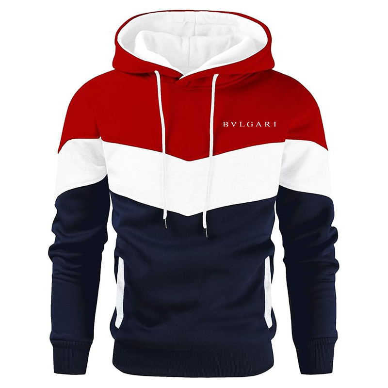 Men's BVLGARI Gesean Novelty Color Block Pullover Fleece Hoodie Long Sleeve Casual Sweatshirt with Pocket