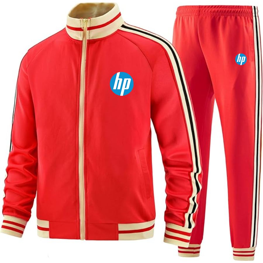 Men's hp Two-Piece Designer Tracksuit with Bold Striped Accents and Zippered Front Elevated Athletic Wear