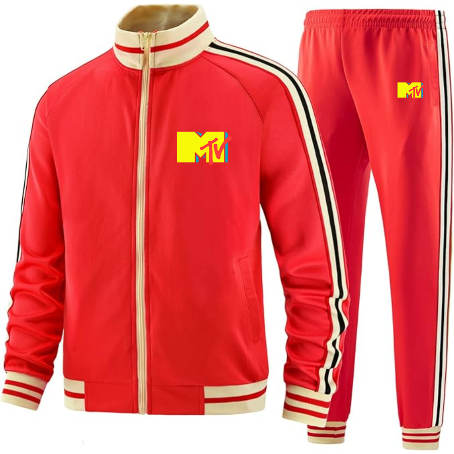 Men's M.T.V Two-Piece Designer Tracksuit with Bold Striped Accents and Zippered Front Elevated Athletic Wear