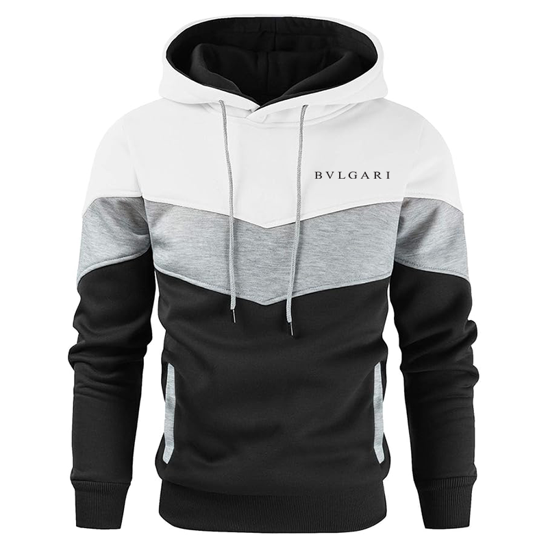 Men's BVLGARI Gesean Novelty Color Block Pullover Fleece Hoodie Long Sleeve Casual Sweatshirt with Pocket
