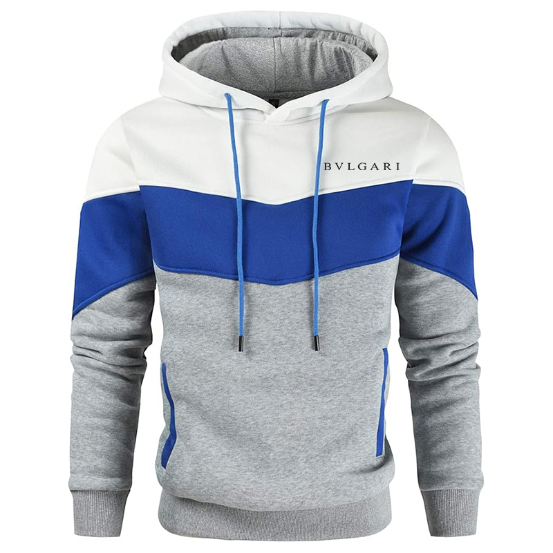 Men's BVLGARI Gesean Novelty Color Block Pullover Fleece Hoodie Long Sleeve Casual Sweatshirt with Pocket