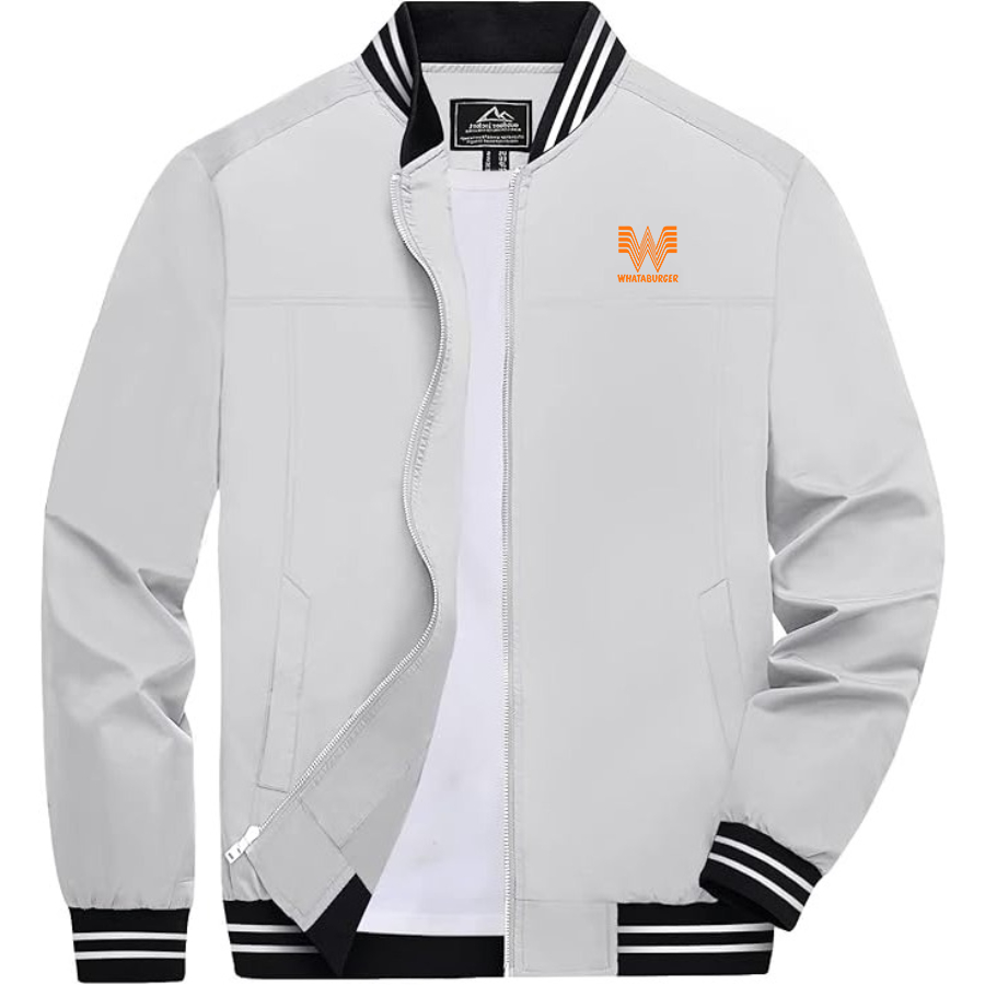 Men's What A Burger Lightweight Zip-Up Bomber Jacket with Ribbed Collar and Cuffs Versatile Casual Outerwear