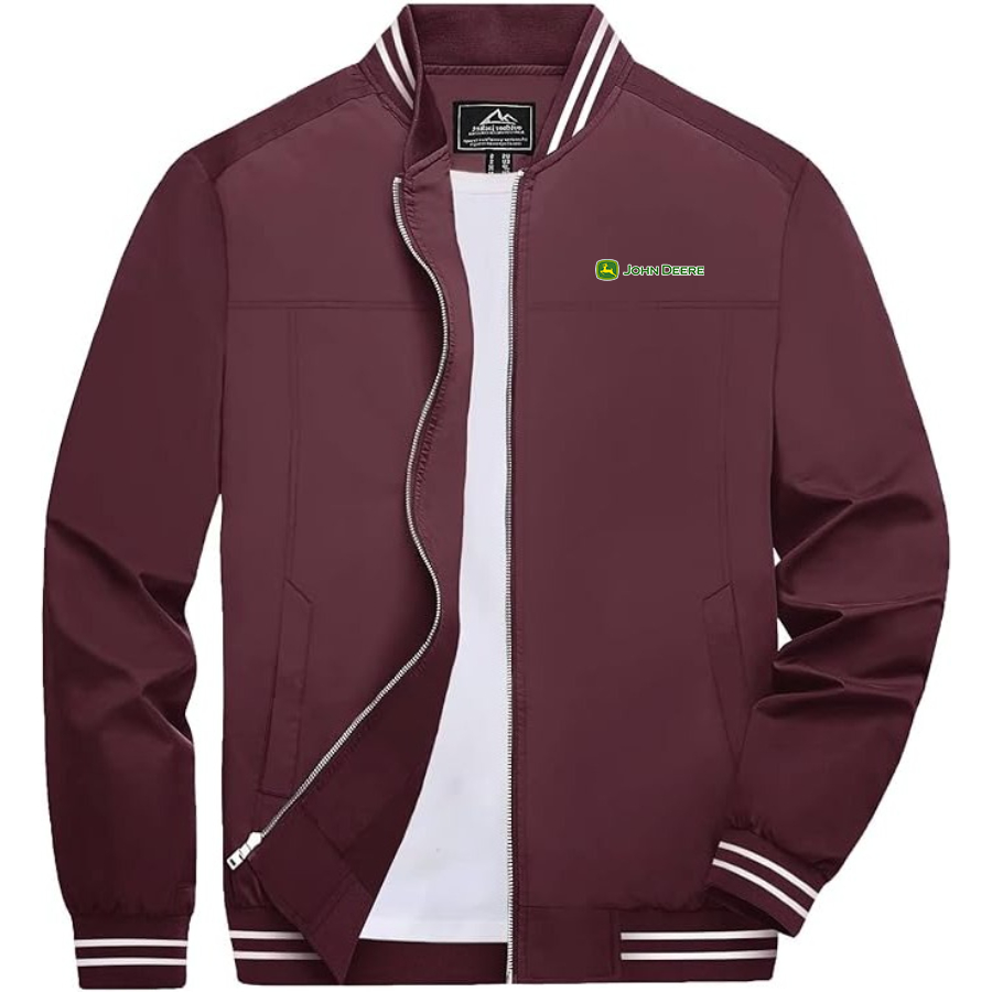 Men's John Deere Lightweight Zip-Up Bomber Jacket with Ribbed Collar and Cuffs Versatile Casual Outerwear