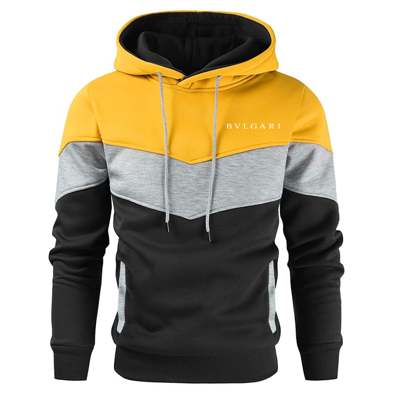 Men's BVLGARI Gesean Novelty Color Block Pullover Fleece Hoodie Long Sleeve Casual Sweatshirt with Pocket